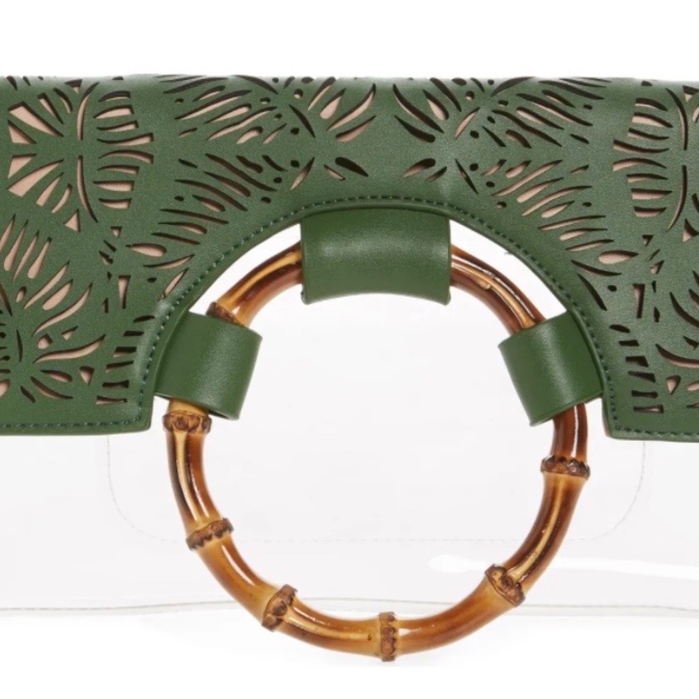 Leith Clear vinyl clutch with bamboo and monstera leaves